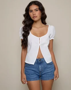 Norya Puff Sleeve Top in Poplin White