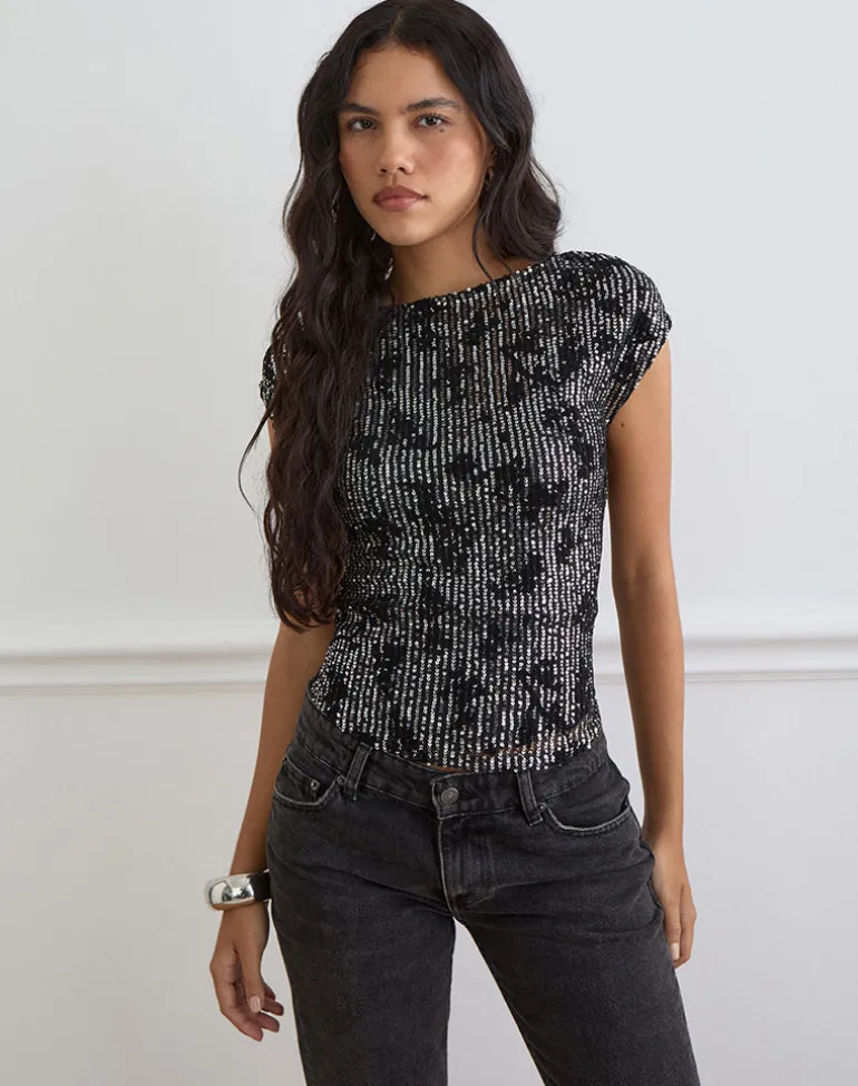 Nova Top in Floral Sequin Black