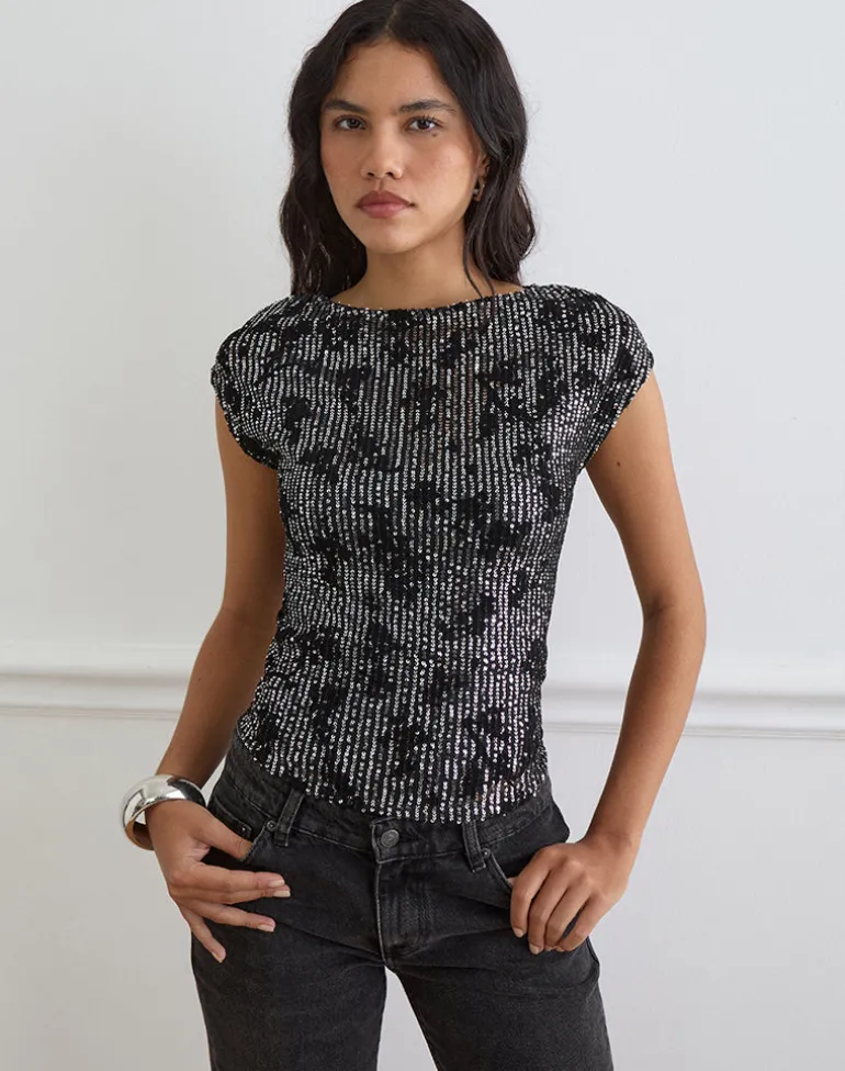 Nova Top in Floral Sequin Black