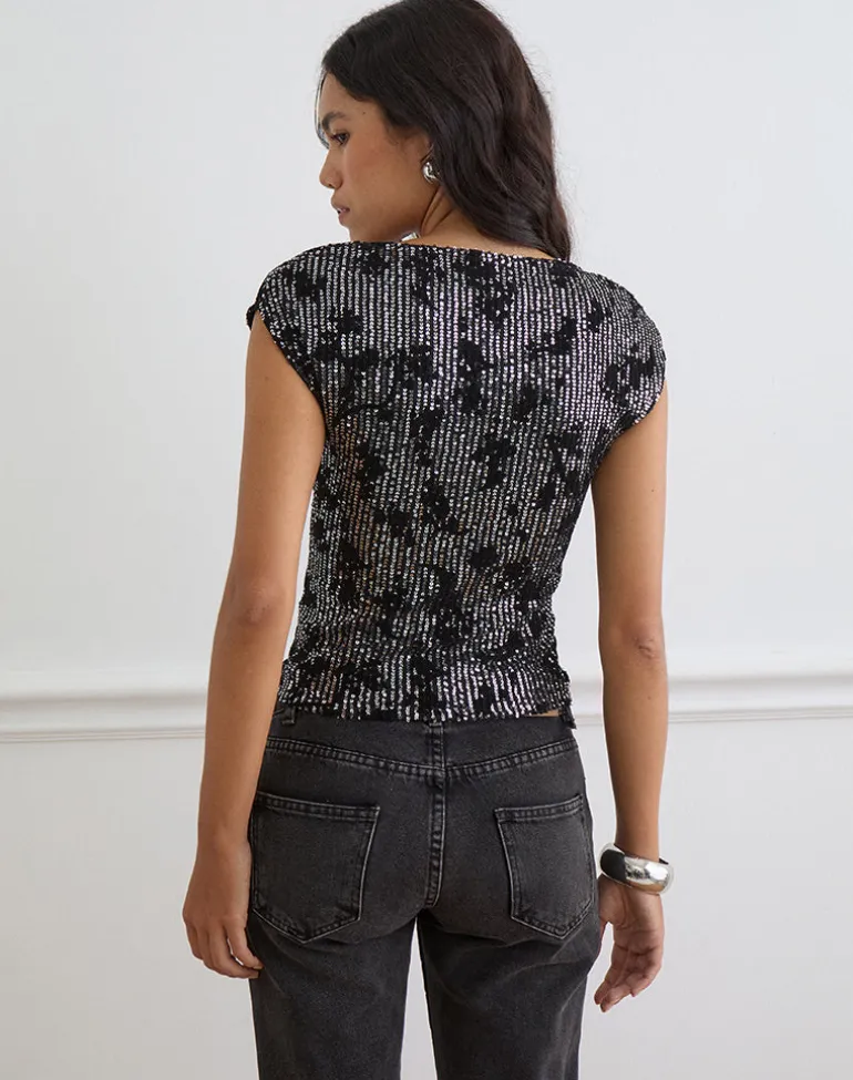 Nova Top in Floral Sequin Black