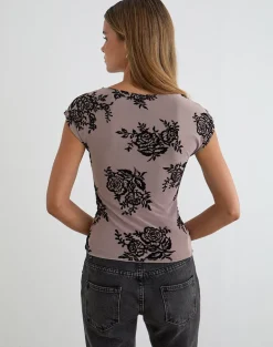 Nova Top in Taupe Grey with Bold Floral Flock