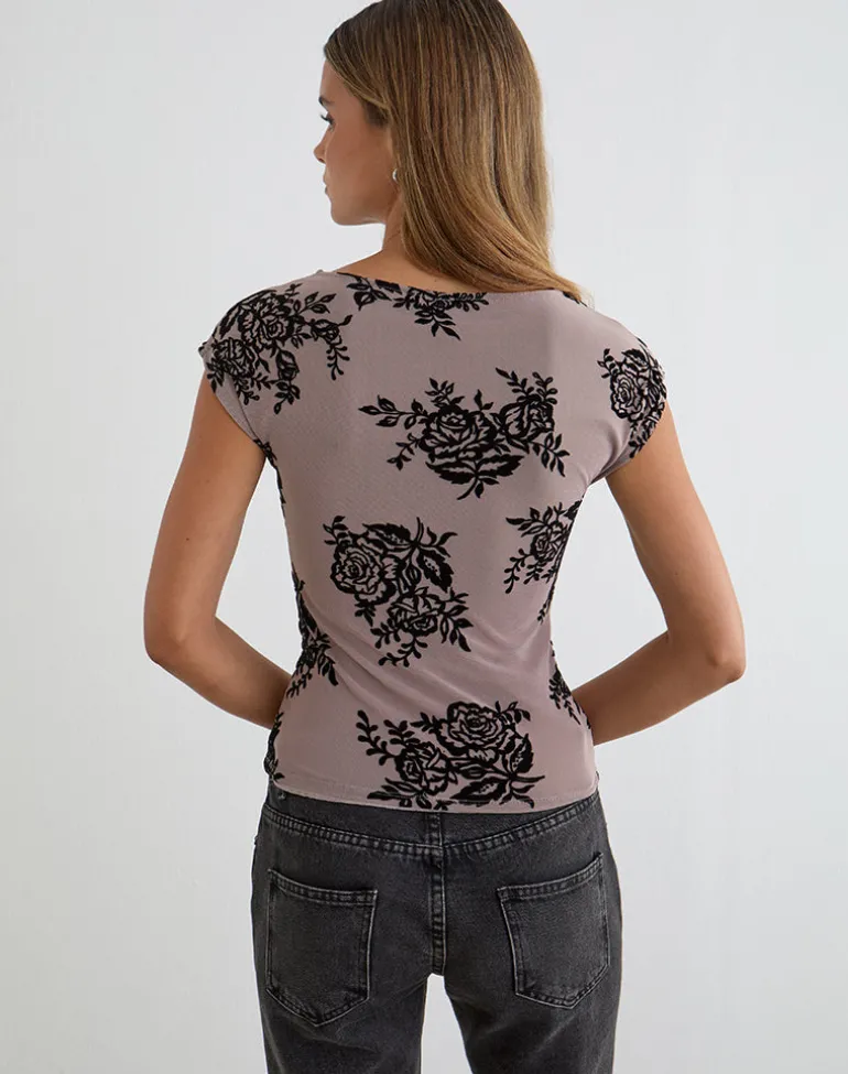 Nova Top in Taupe Grey with Bold Floral Flock