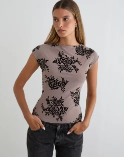 Nova Top in Taupe Grey with Bold Floral Flock