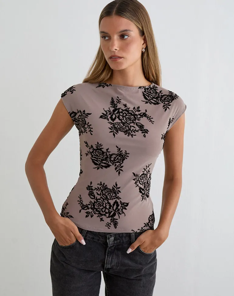 Nova Top in Taupe Grey with Bold Floral Flock