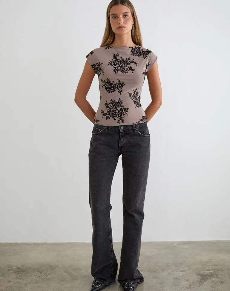 Nova Top in Taupe Grey with Bold Floral Flock