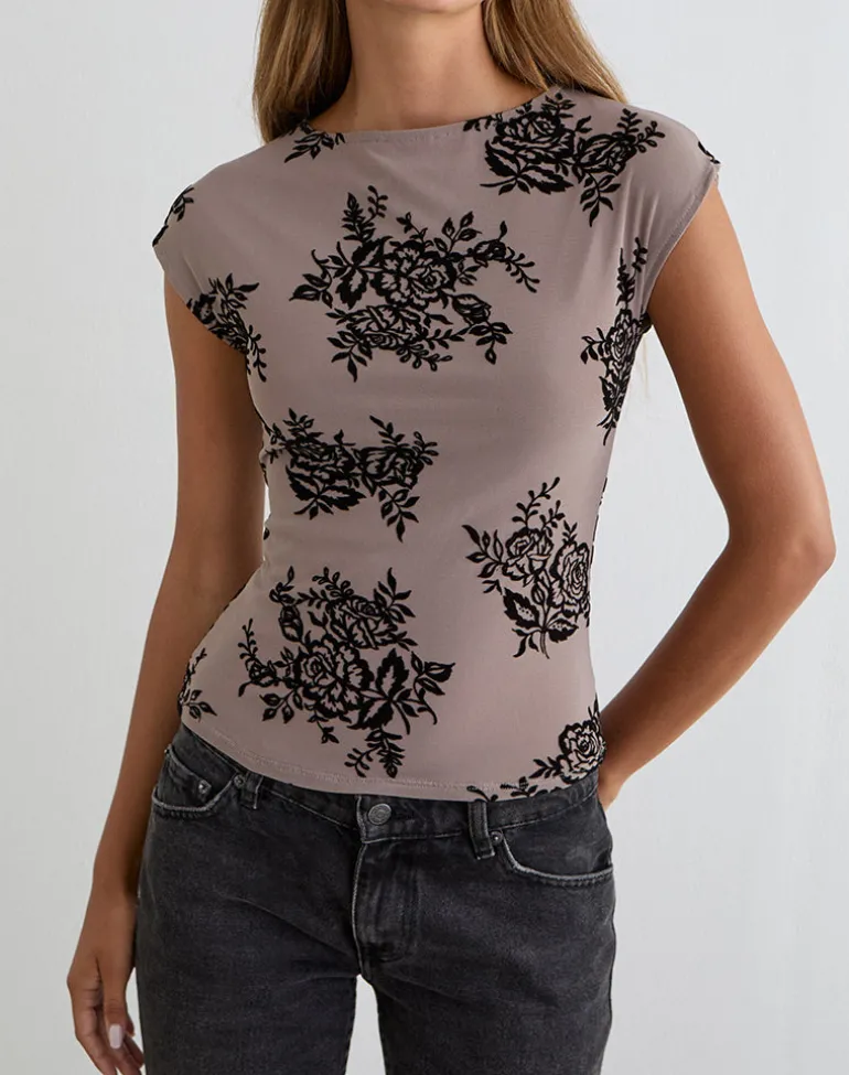 Nova Top in Taupe Grey with Bold Floral Flock