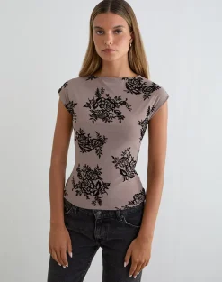 Nova Top in Taupe Grey with Bold Floral Flock