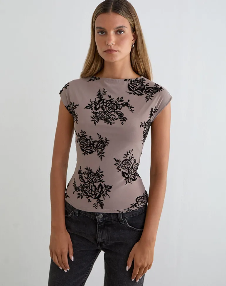 Nova Top in Taupe Grey with Bold Floral Flock