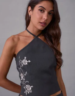 Novin Top in Vine Flower Embroidered Dark Charcoal