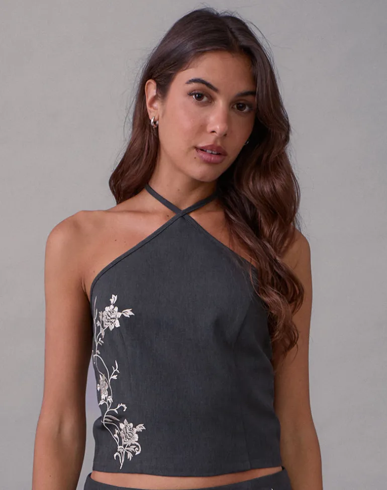 Novin Top in Vine Flower Embroidered Dark Charcoal