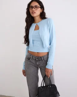 Nuha Ribbed Cropped Cardigan in Blue