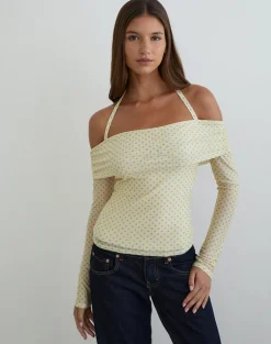 Nunik Halterneck Top in Yellow with Compact Grey Polka