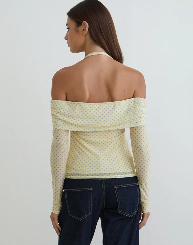 Nunik Halterneck Top in Yellow with Compact Grey Polka