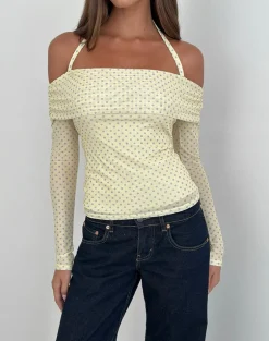 Nunik Halterneck Top in Yellow with Compact Grey Polka