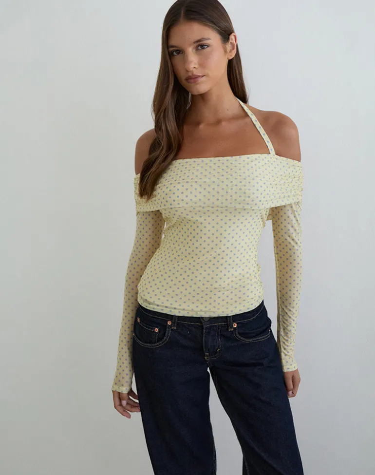 Nunik Halterneck Top in Yellow with Compact Grey Polka