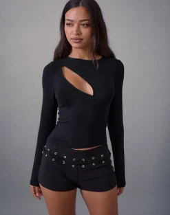 Nyla Long Sleeve Slash Cut Out Top in Black