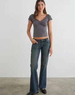 Obanai Short Sleeve V Neck Top in Charcoal Grey