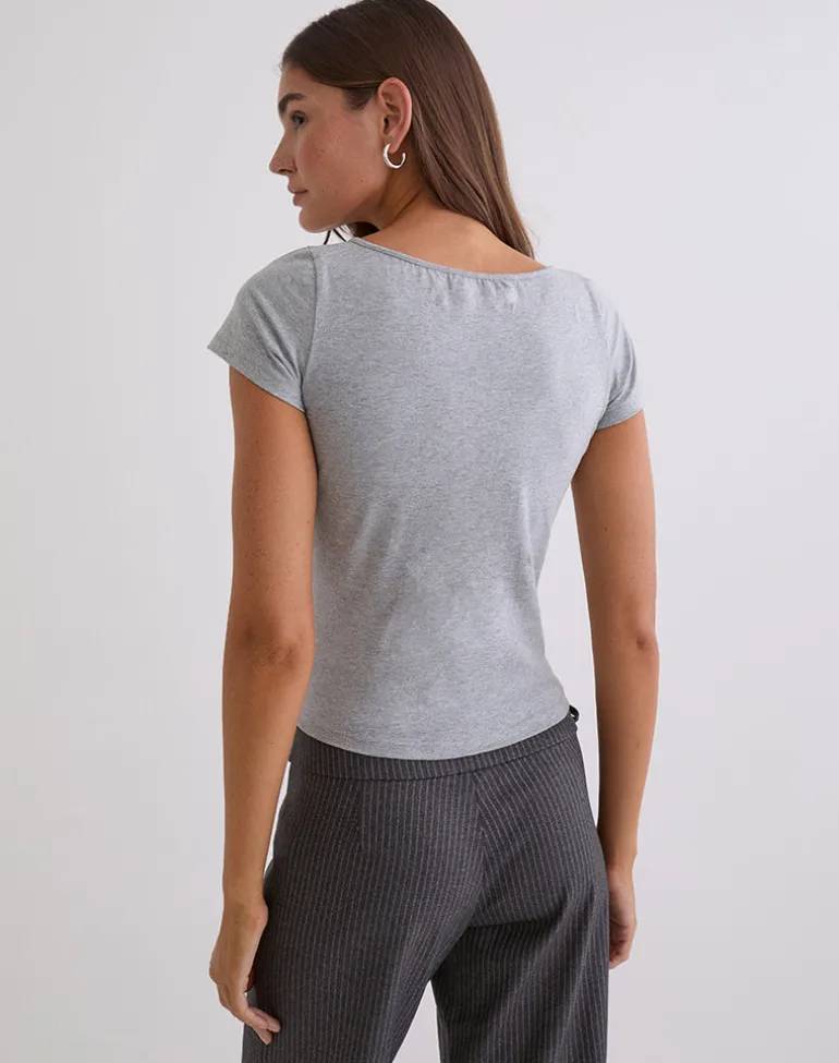 Obanai Short Sleeve V Neck Top in Grey Marl