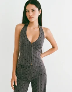Odin Vest Top in Charcoal with Polka Pinstripe