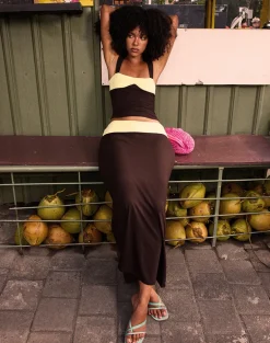 Olie Maxi Skirt in Rayon Jersey Bitter Chocolate and Lemon Yellow