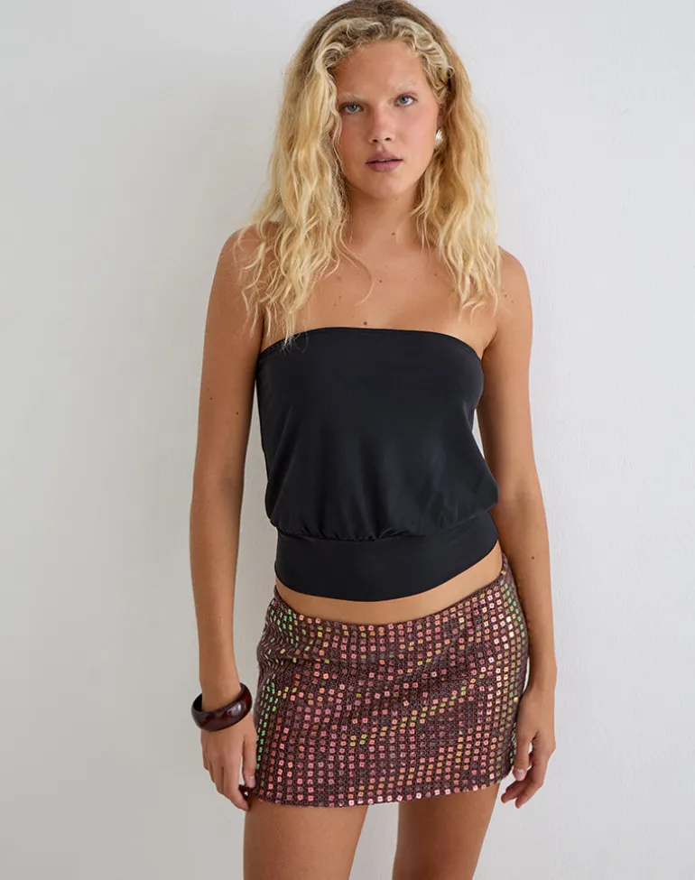 Olsa Mini Skirt in Sequin Knit Dark Brown