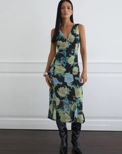 Olydia Midi Dress in Black Chiffon with Crystal Flower Print