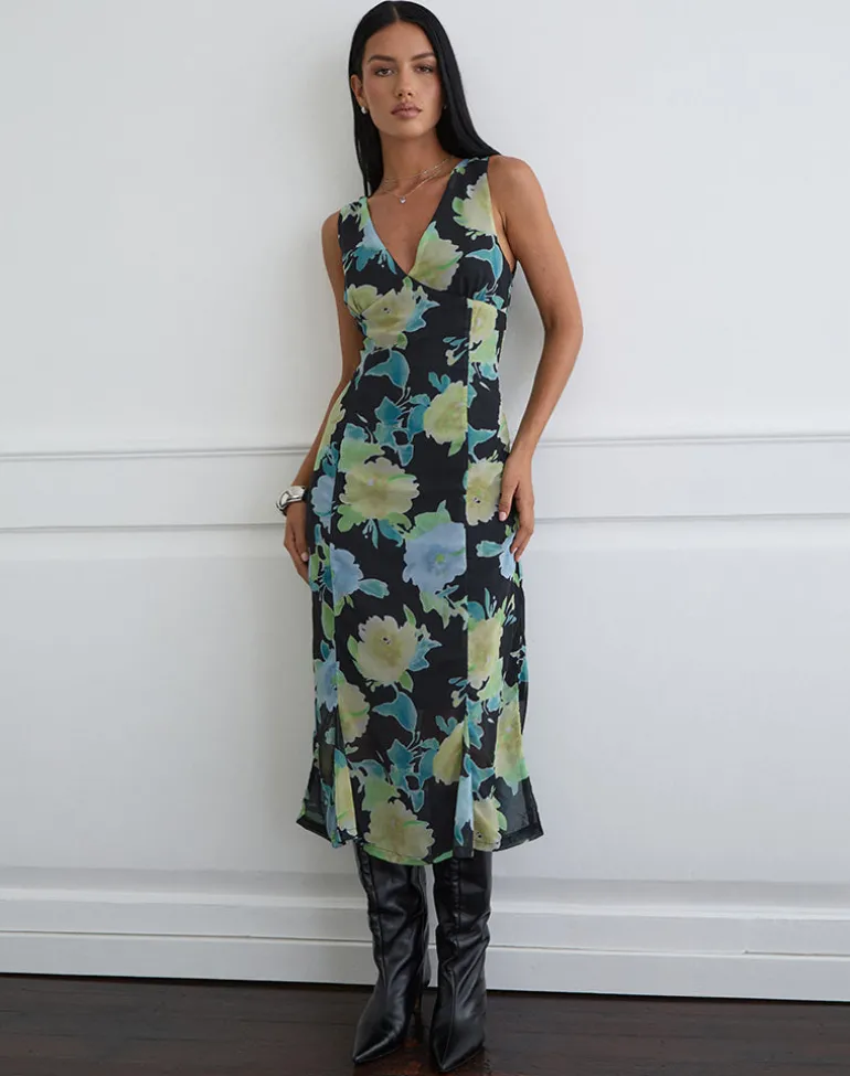 Olydia Midi Dress in Black Chiffon with Crystal Flower Print