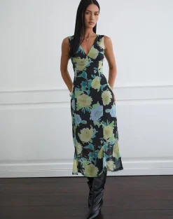 Olydia Midi Dress in Black Chiffon with Crystal Flower Print