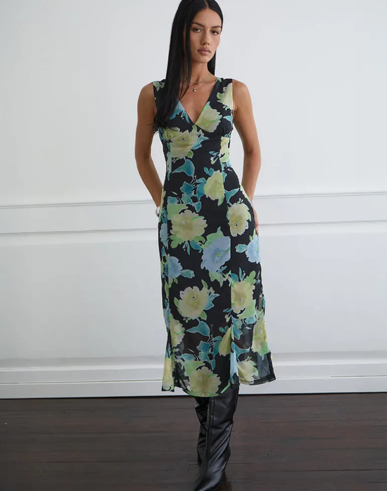 Olydia Midi Dress in Black Chiffon with Crystal Flower Print