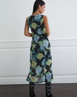 Olydia Midi Dress in Black Chiffon with Crystal Flower Print