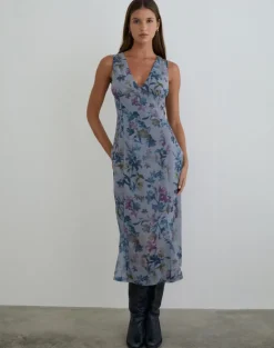 Olydia Midi Dress in Chiffon Shadow Lily Blue