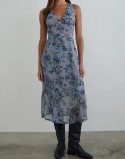 Olydia Midi Dress in Chiffon Shadow Lily Blue