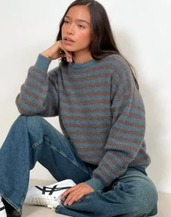 Orvala Knit Jumper in Slate and Brown Stripe