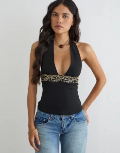 Orvio Halter Top in Black with Embroidered Sequin Trim