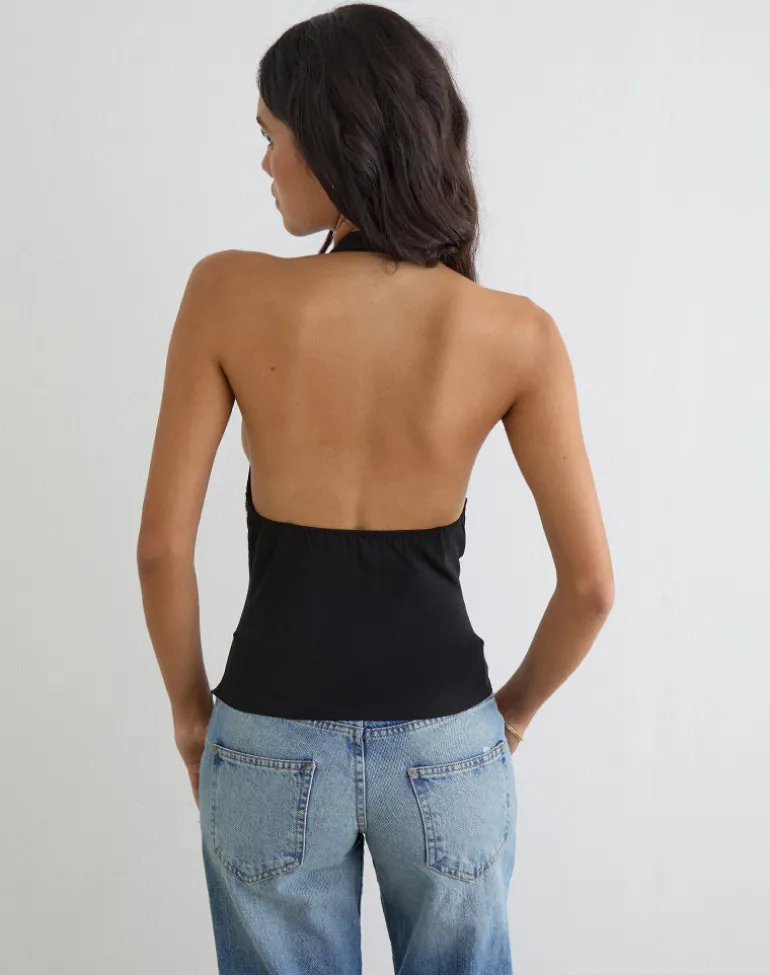 Orvio Halter Top in Black with Embroidered Sequin Trim