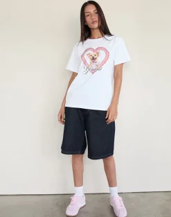 Oversize Basic Tee in White with Gemini Motel Pet Print
