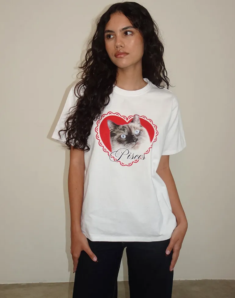 Oversized Basic Tee in White with Pisces Motel Pet