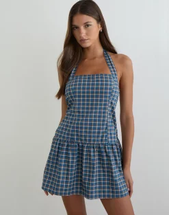 Panja Mini Halter Neck Dress in Medium Tartan Blue