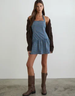 Panja Mini Halter Neck Dress in Medium Tartan Blue