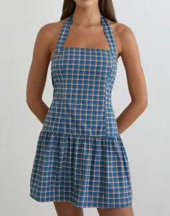 Panja Mini Halter Neck Dress in Medium Tartan Blue