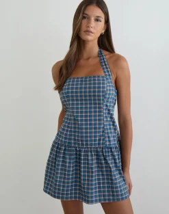 Panja Mini Halter Neck Dress in Medium Tartan Blue