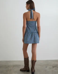 Panja Mini Halter Neck Dress in Medium Tartan Blue