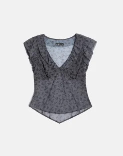 Paquita Top in Chiffon Minimal Flower Dark Grey