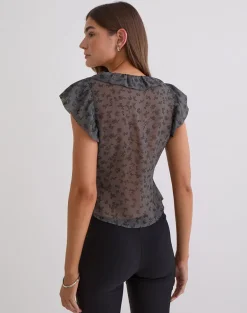 Paquita Top in Chiffon Minimal Flower Dark Grey
