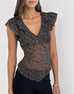 Paquita Top in Chiffon Minimal Flower Dark Grey