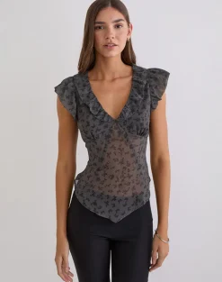 Paquita Top in Chiffon Minimal Flower Dark Grey