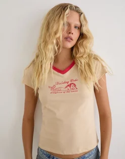 Parman Top in Tan with Red Binding and Mermaid Graphic