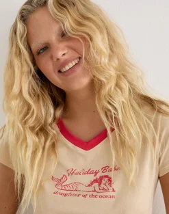 Parman Top in Tan with Red Binding and Mermaid Graphic