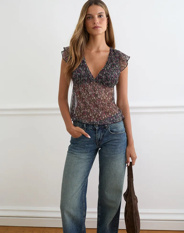Pharita V Neck Top in Ditsy Floral Plisse Charcoal