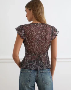 Pharita V Neck Top in Ditsy Floral Plisse Charcoal